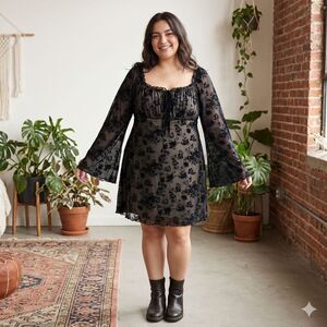 Whimsigoth Mesh Burnout Velvet Dress Plus XL XXL Bell Sleeve Goth Fairycore Prom